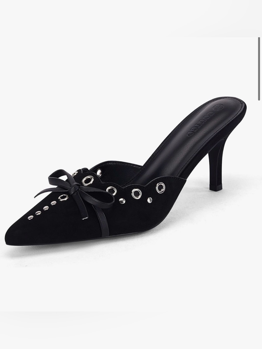 Amazon Black Suede Pointed Mule Heels with Silver Grommet Accents